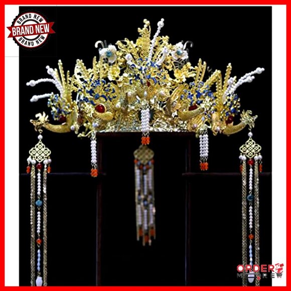 Traditional Chinese Wedding Tiara Headband with Earrings Gold Floral Beaded